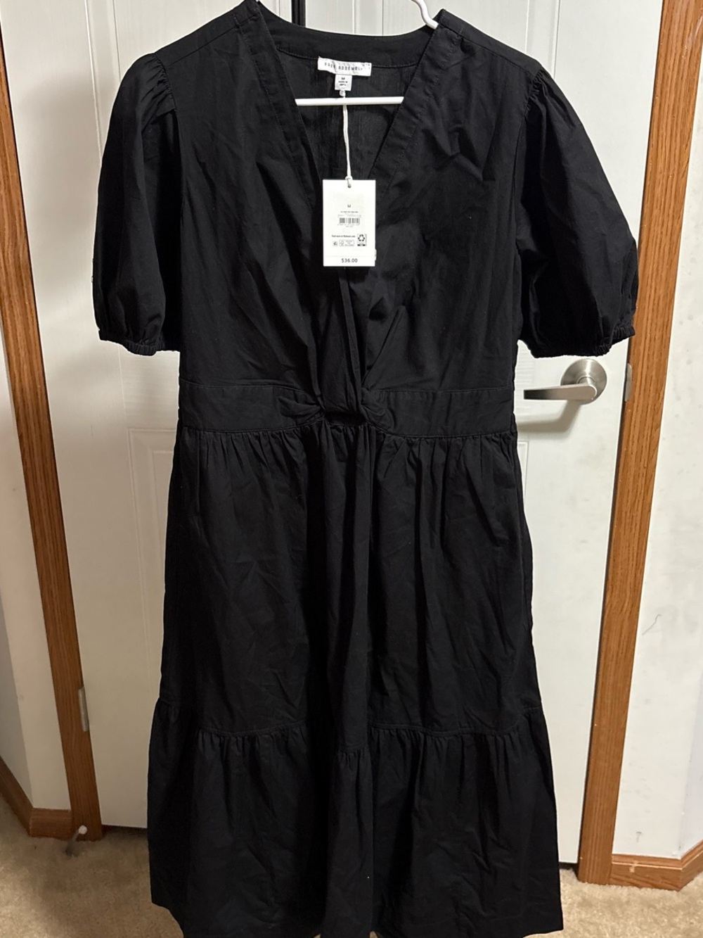 A New Day Black V-Neck Tiered Puff-Sleeve Midi Dress